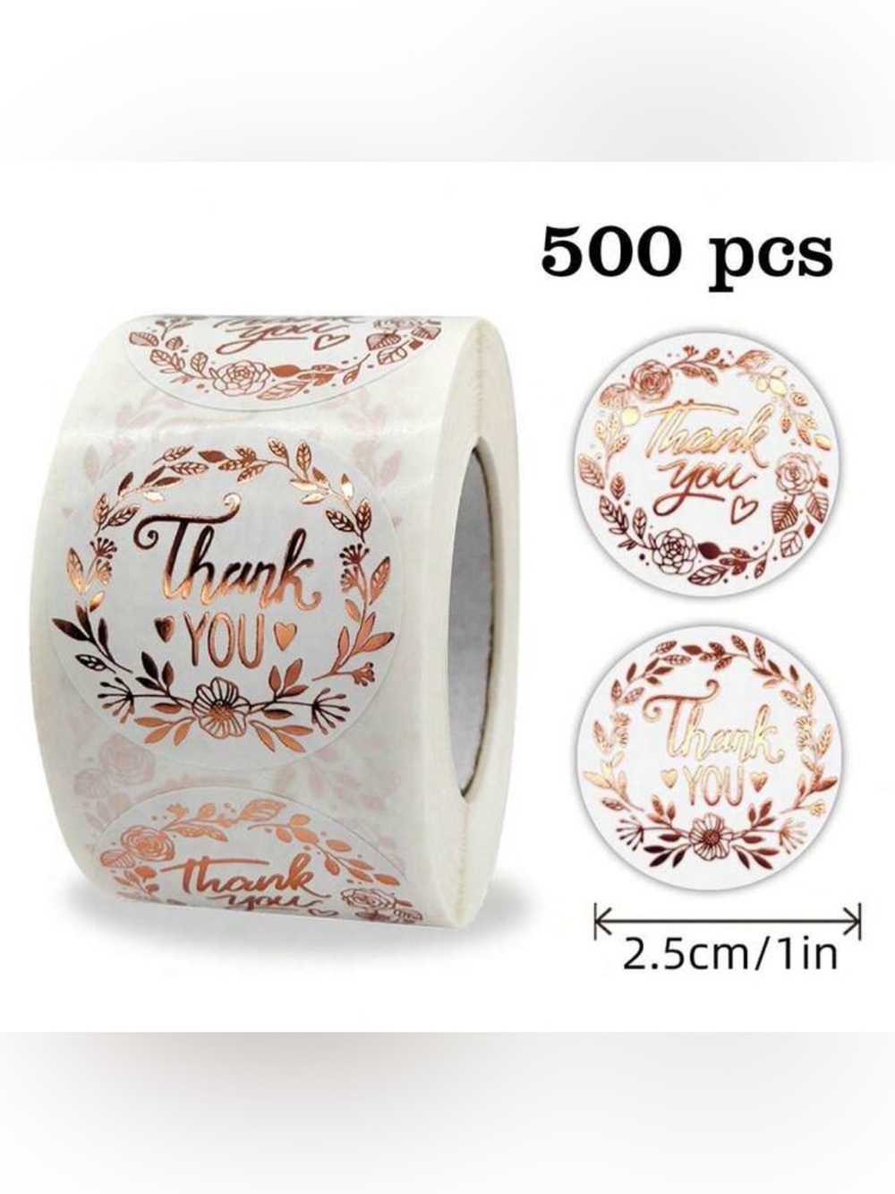 Round Foil Rose Gold Thank You Sticker Roll - 500 Pack